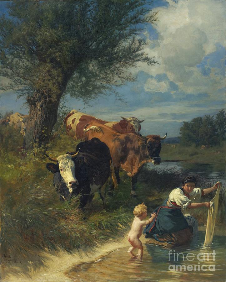  Cows And Washerwoman At The Stream Painting by Celestial Images
