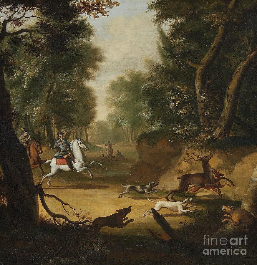 Horse Painting -  Deer Hunt with two Huntsmen on Horseback by Celestial Images