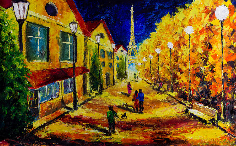 Beautiful Night Painting -  Evening walk through the old streets of Paris - - Palette Knife Oil Painting On Canvas By Rybakow by Valery Rybakow