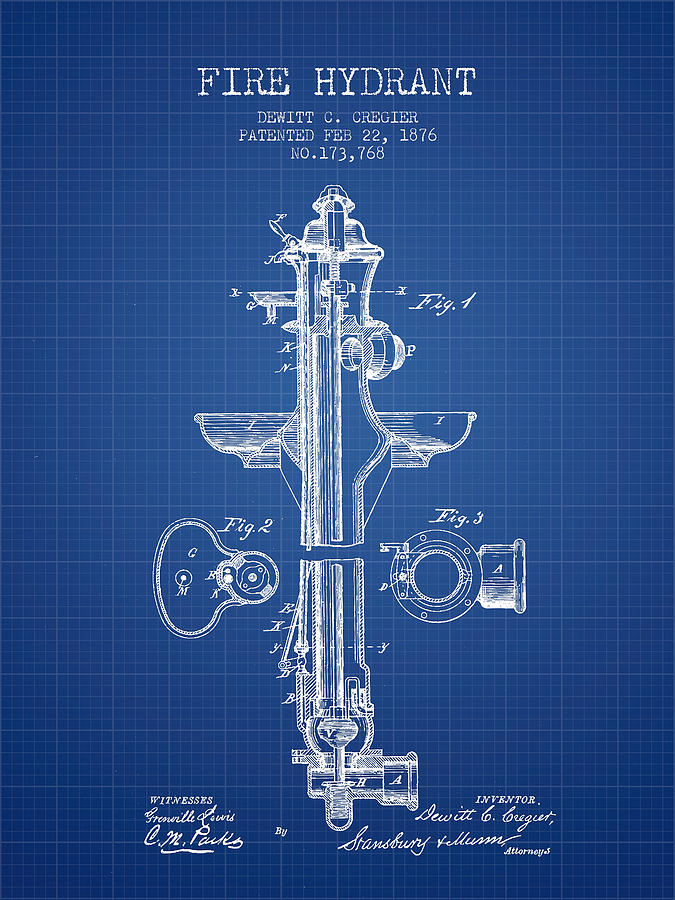 Vintage Digital Art -  Fire Hydrant Patent from 1876 - Blueprint by Aged Pixel