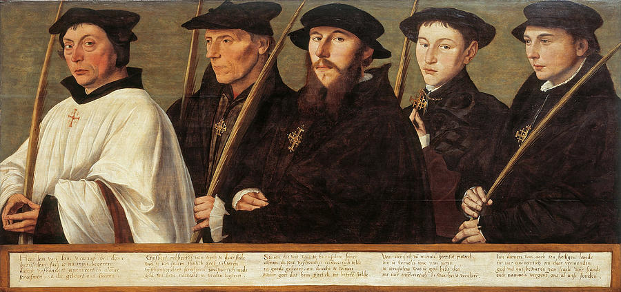  Five Members of the Utrecht Brotherhood of Jerusalem Pilgrims Painting by Jan van Scorel
