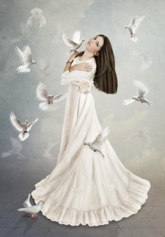Animal Digital Art -  Girl surrounded by doves by Margarita Nizharadze