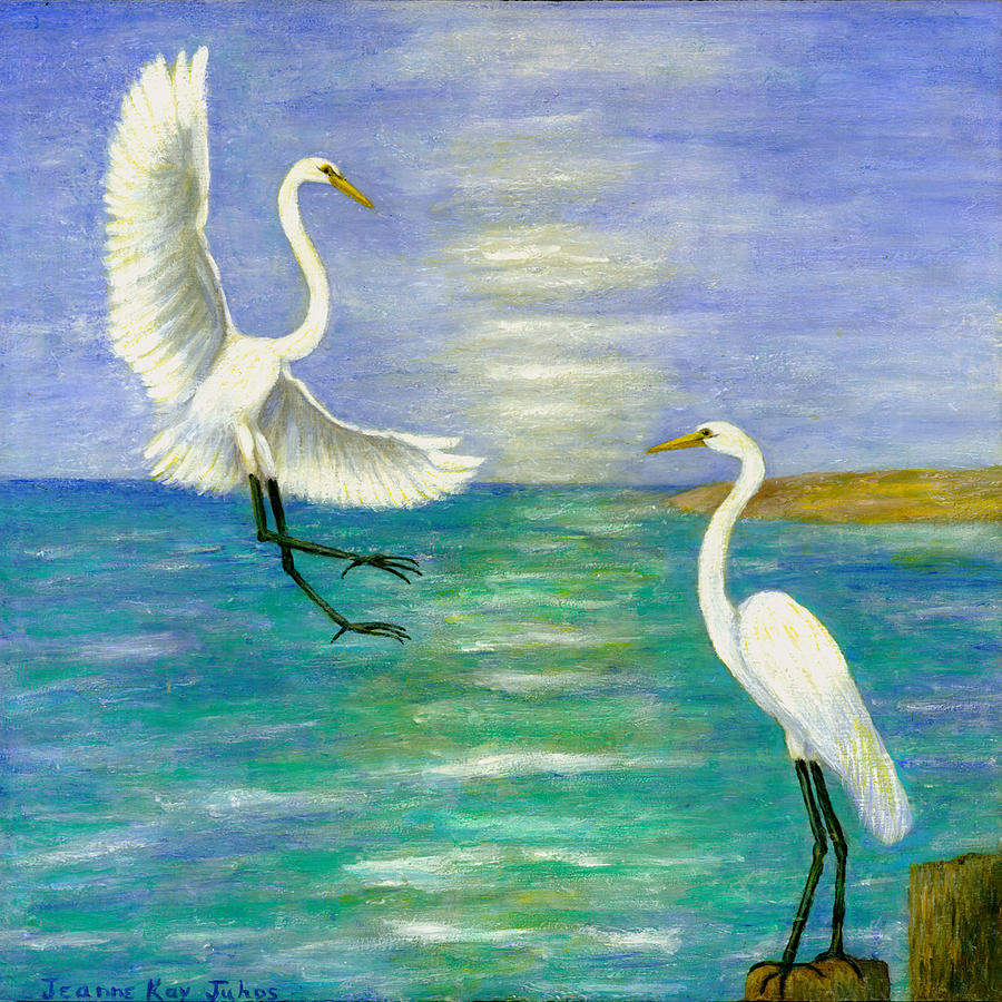  Great White Egrets Painting by Jeanne Juhos