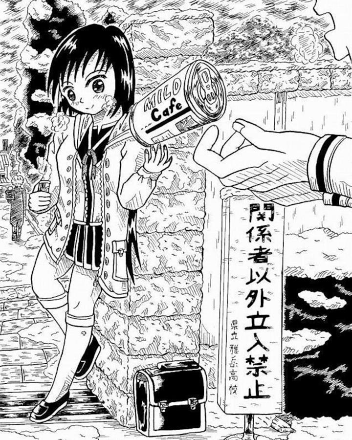 Pen Drawing - A scholgirl in front of school gate by Hisashi Saruta