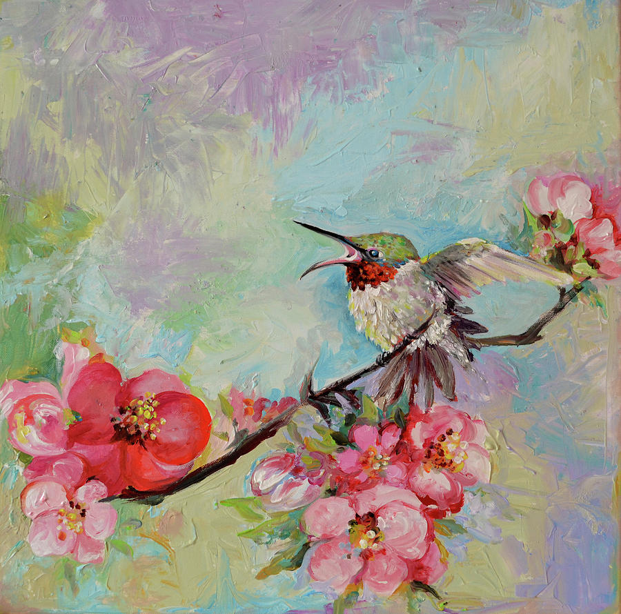   Hummingbird in Cherry Tree Blossom Painting by Soos Roxana Gabriela