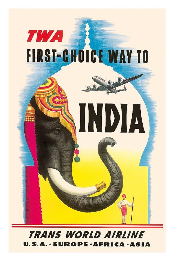 India Pakistan Elephant Pan Am Vintage Airline Travel Art Poster Print 