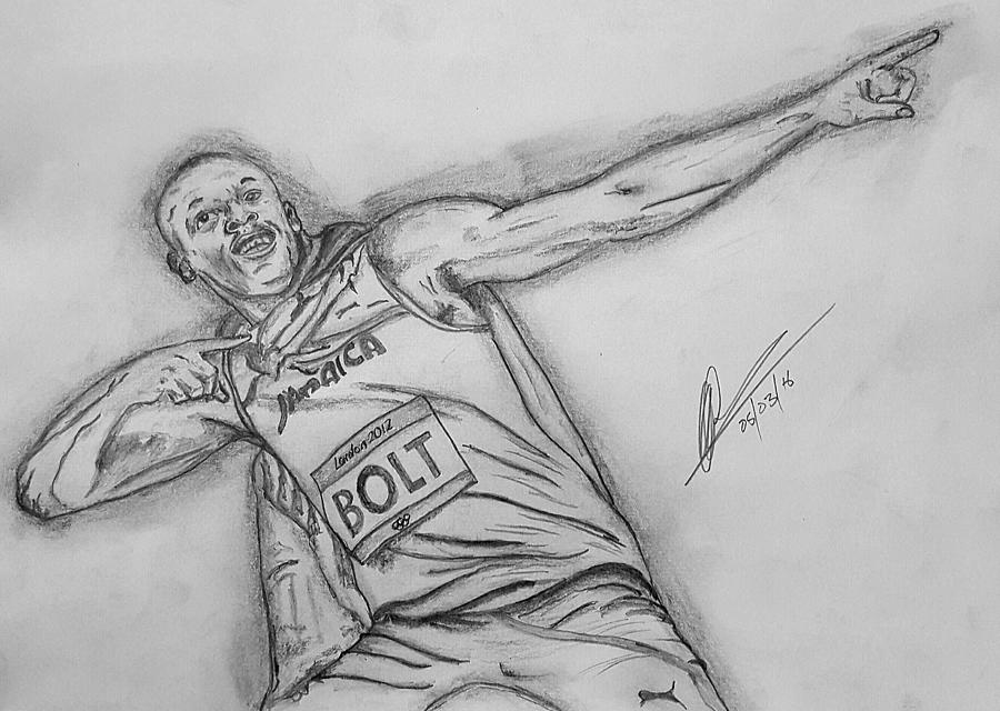 Usain Bolt Drawing -  Lightening Bolt  Pose by Collin A Clarke