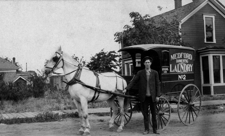 Vintage Photograph -  Man Male Posing Horsedrawn Laundry Delivery 1905 by Mark Goebel