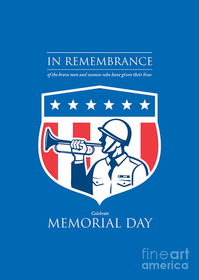 Flag Digital Art -  Memorial Day Greeting Card Soldier Blowing Bugle Flag Shield by Aloysius Patrimonio