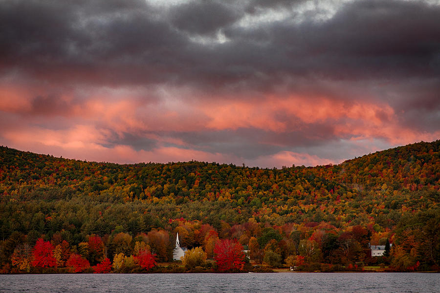  New England fall foliage over the small white church Photograph by Jeff Folger