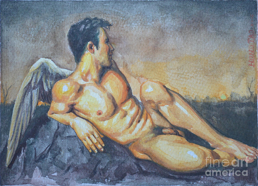  Original Watercolour  Painting Gay Man Art Angel Of Male Nude On Paper-071  Painting by Hongtao Huang