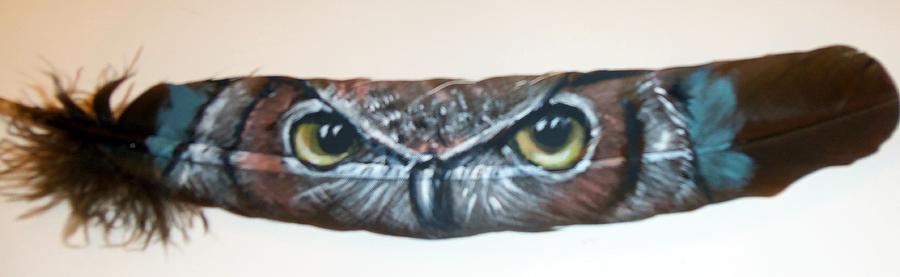  Owl Painted on Feather Mixed Media by Linda Nielsen