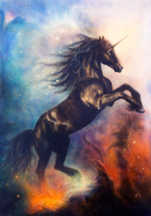 Painting Of A Black Unicorn Dancing In Space Painting by Jozef Klopacka ...