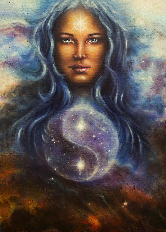 Fairy Painting -  painting on canvas of a space woman goddess Lada as a mighty loving guardian with symbol  jin jang by Jozef Klopacka