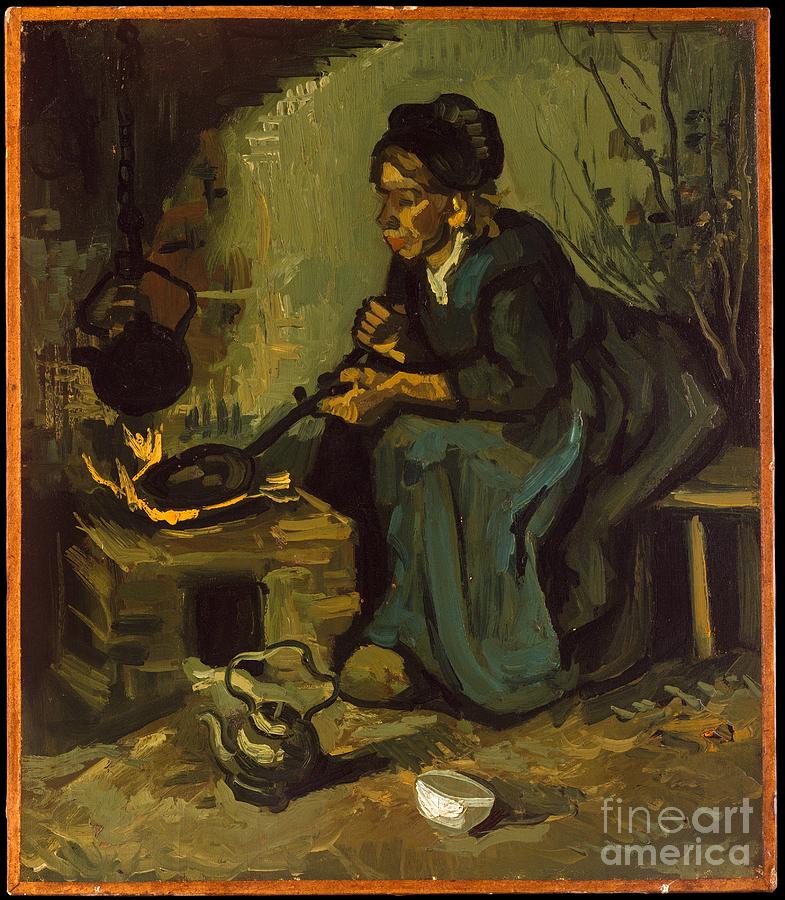  Peasant Woman Cooking by a Fireplace Painting by Celestial Images