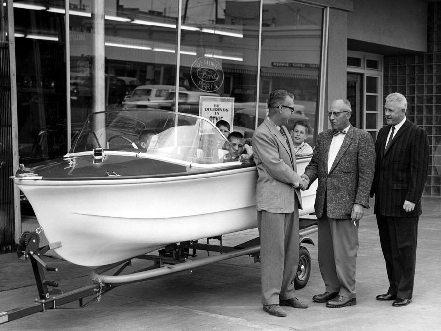 People Fishing Boat Circa 1960 Black White 1950s by Mark Goebel