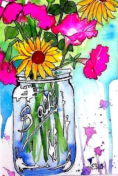  Petunias Sunflowers and Jar Painting by Esther Woods