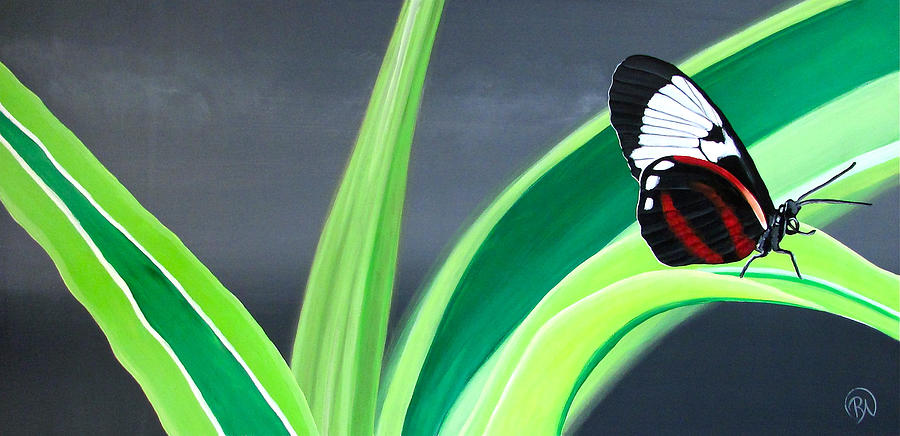  Red and White Butterfly on Green Painting by Renee Noel