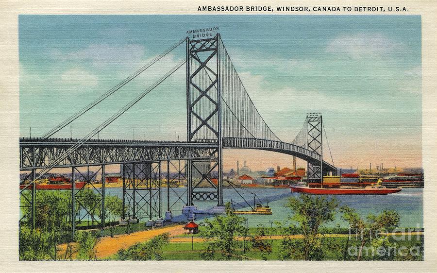  Retro vintage Ambassador Bridge Windsor Canada to Detroit USA Digital Art by Heidi De Leeuw