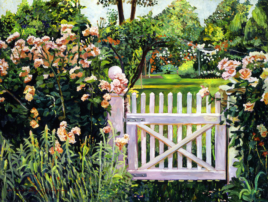 Garden Painting -  Roses At The Garden Gate by David Lloyd Glover