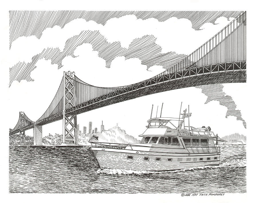  San Francisco Oakland Bay Bridge yachting Drawing by Jack Pumphrey