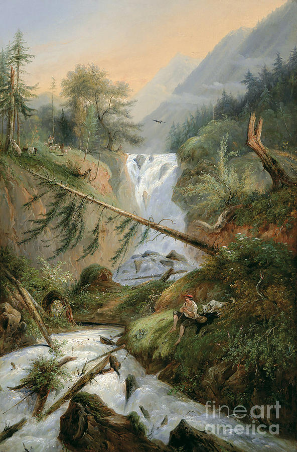 Shepherd Resting By The Waterfall Painting