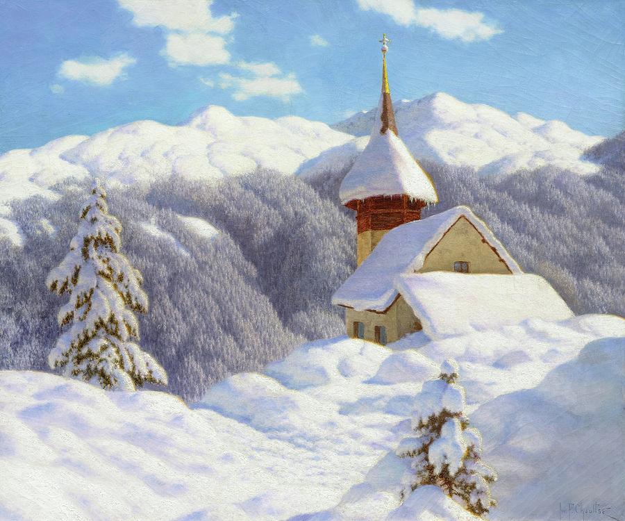  Snowy Winter Landscape With A Small Church Painting by MotionAge Designs