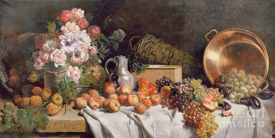 Flower Painting -  Still life with flowers and fruit on a table by Alfred Petit