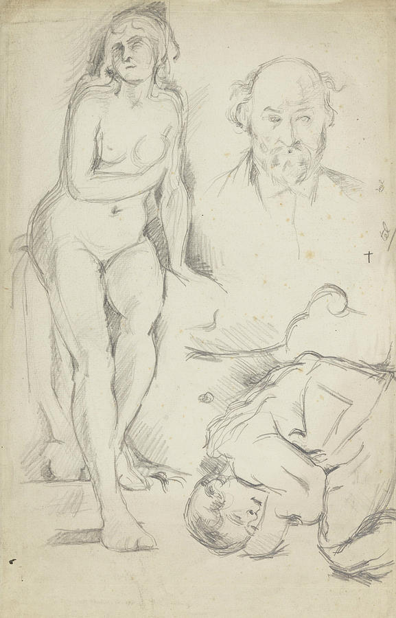  Studies of Three Figures Including a Self-portrait  Drawing by Paul Cezanne