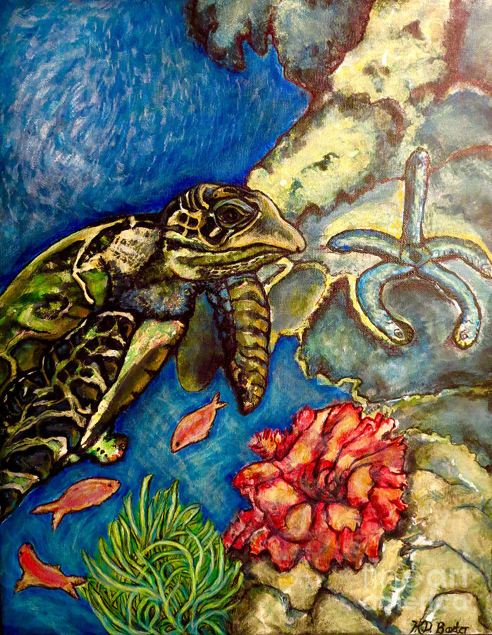  Sweet Mystery of the Sea A Hawksbill Sea Turtle Coasting in the Coral Reefs Original Painting by Kimberlee Baxter