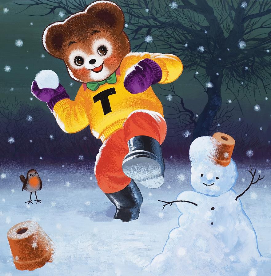 Robin Painting -  Teddy Bear Throwing Snowballs by William Francis Phillipps