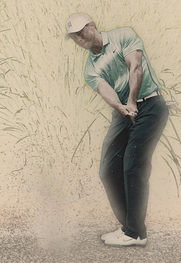 Tiger Woods Digital Art -  Tiger Woods hits from a access road by Don Kuing
