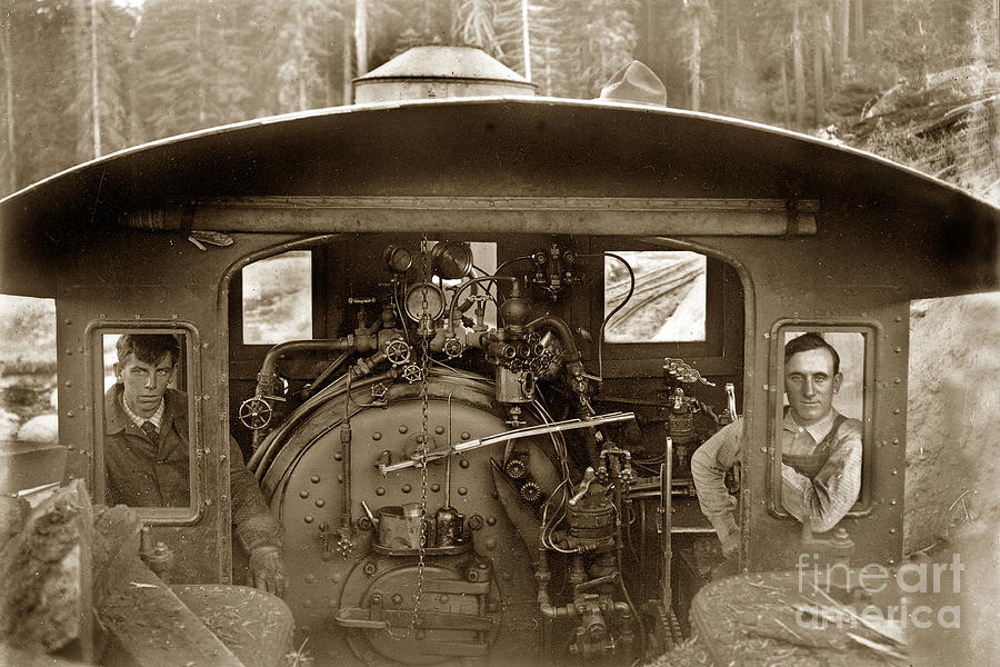 Diamond Stack Photograph -  View of inside the cab of Madera Sugar Pine Lumber Company circa 1915 by Monterey County Historical Society