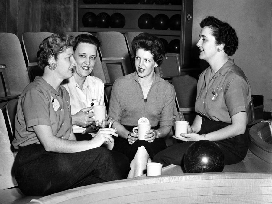 Coffee Photograph -  Woman Female Drinking Coffee Bowling Alley Circa by Mark Goebel