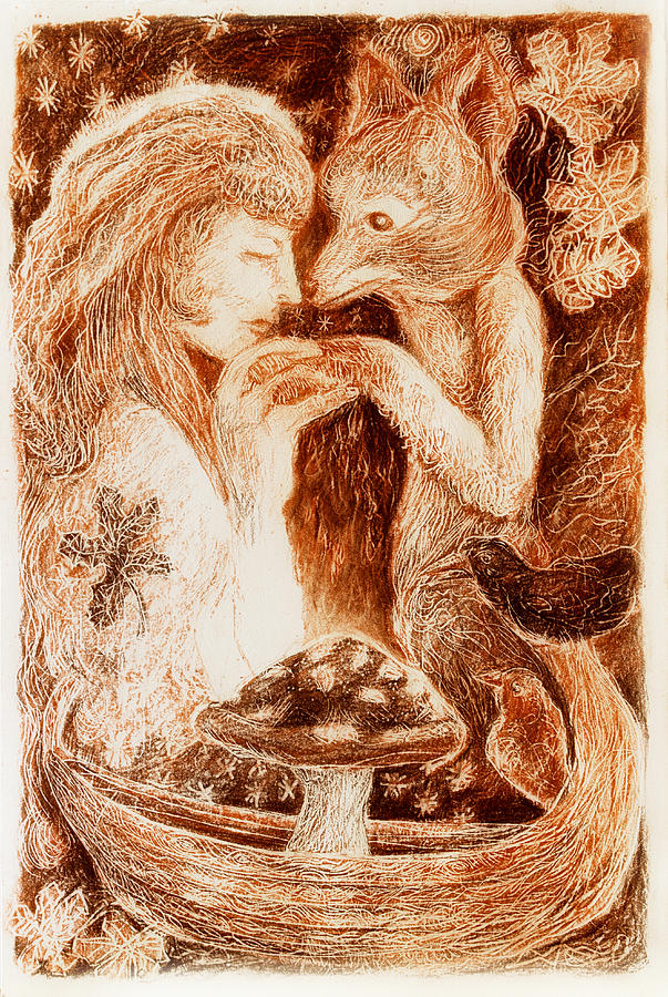 Fantasy Painting -  Woman Mystical Alliance With A Fox by Miriama Taneckova