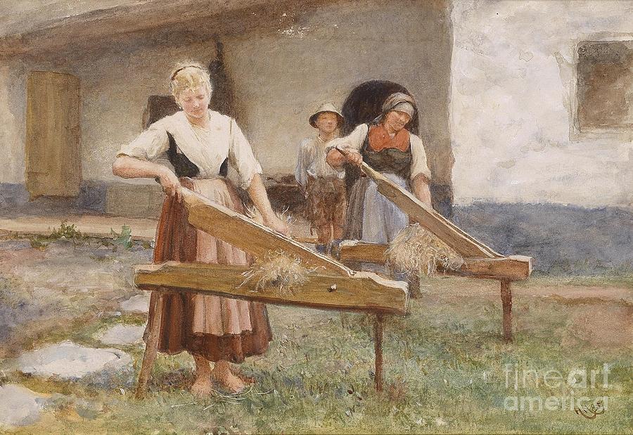  Young Farm Girls Breaking Flax  Painting by MotionAge Designs