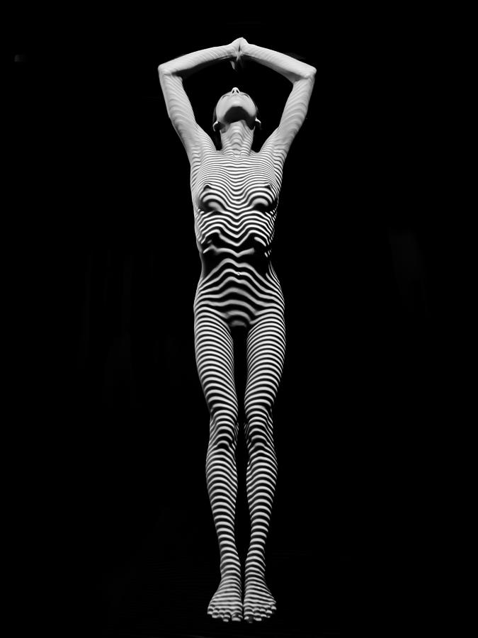 Zebra Photograph - 0029-DJA Light Above Illuminates Zebra Striped Woman Slim Body Black and White Fine Art Chris Maher by Chris Maher