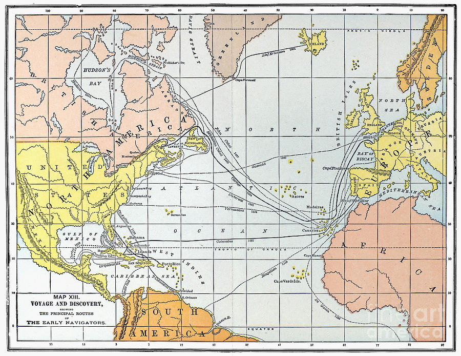 Columbus Painting - Map: Atlantic Voyages #0096007 by Granger