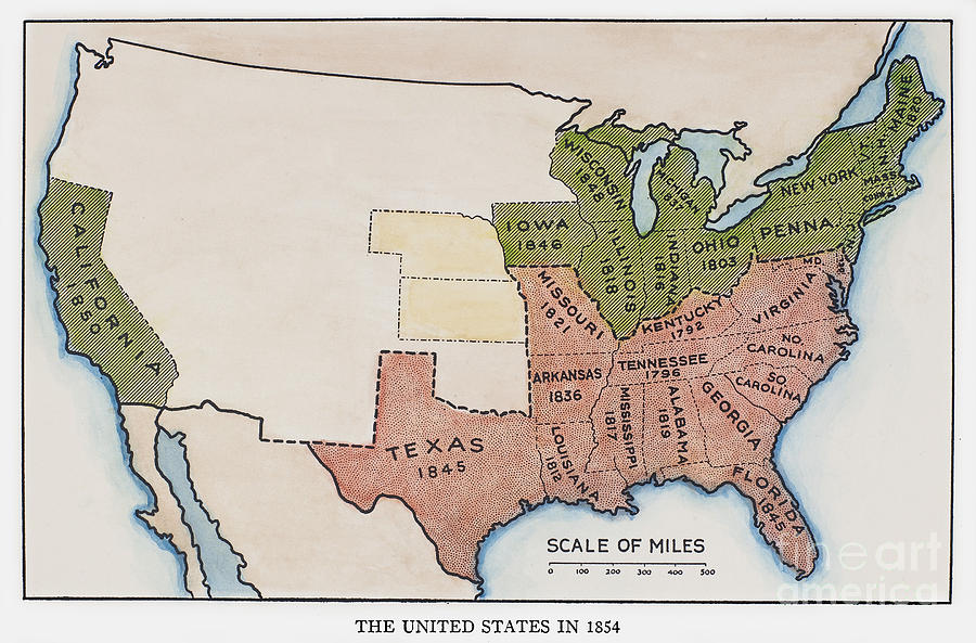 United States Map, 1854 Painting by Granger