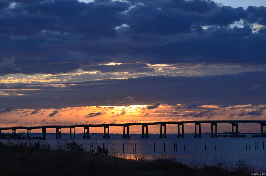 0118 Cloudy Sunrise over Navarre Beach Bridge Photograph by Jeff at JSJ Photography