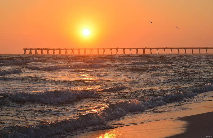 0120 Sunset over Navarre Beach Pier with Gulls Photograph by Jeff at JSJ Photography