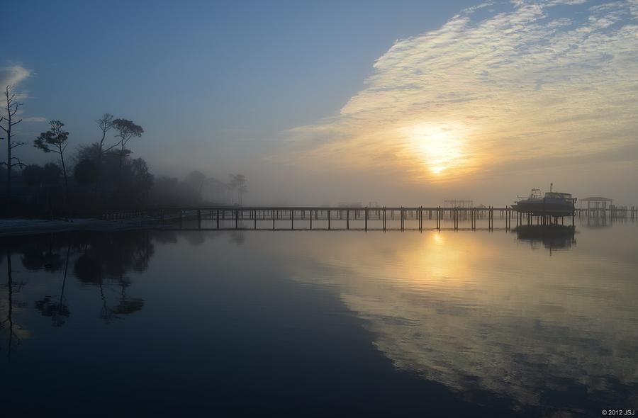 0222 Foggy Reflections on a Calm Santa Rosa Sound at Sunrise Photograph by Jeff at JSJ Photography