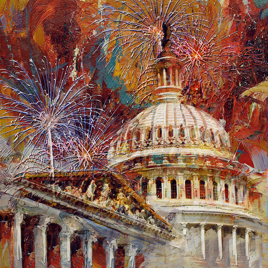 070 United States Capitol building - US Independence Day celebration fireworks Painting by Maryam Mughal
