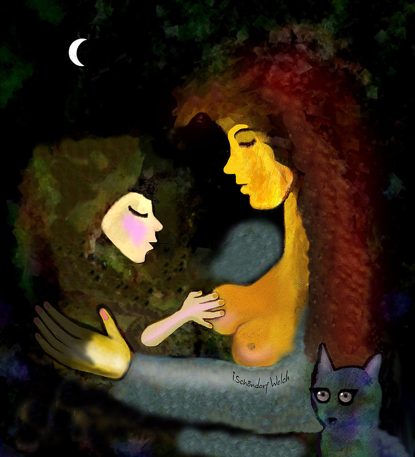 097 - Babylove With Cat And  Moon 2017 Digital Art by Irmgard Schoendorf Welch