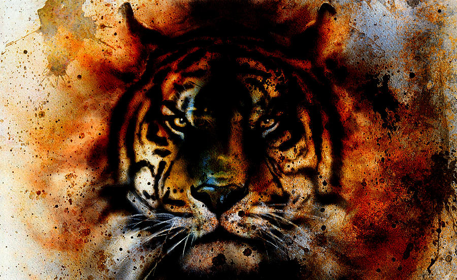 Tiger Collage On Color Abstract Background, Rust Structure, Wildlife ...