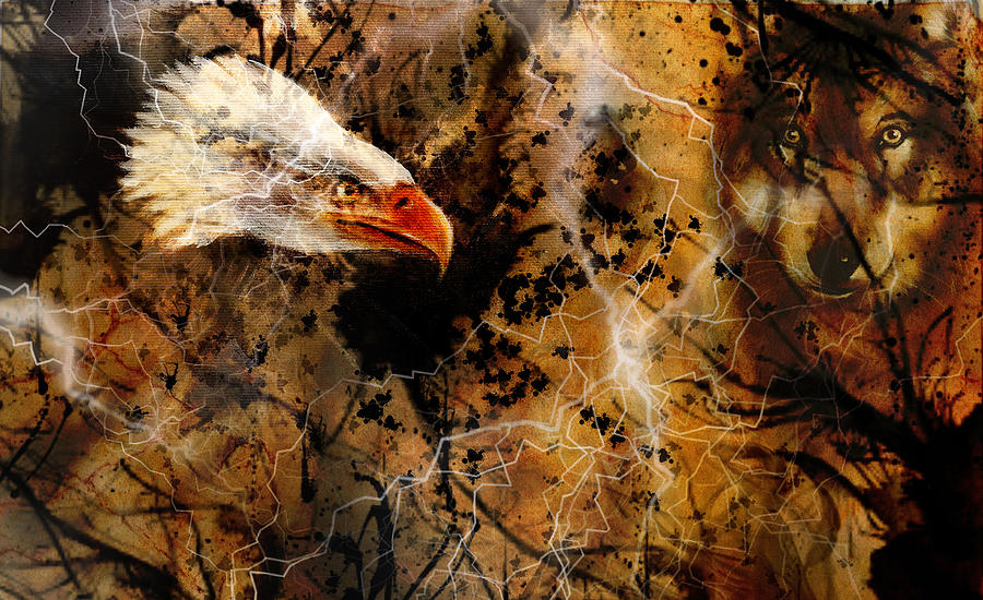 Wolf and eagle color painting, feathers background, multicolor collage ...
