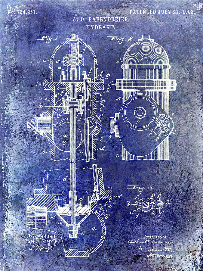 1903 Fire Hydrant Patent Blue Photograph by Jon Neidert