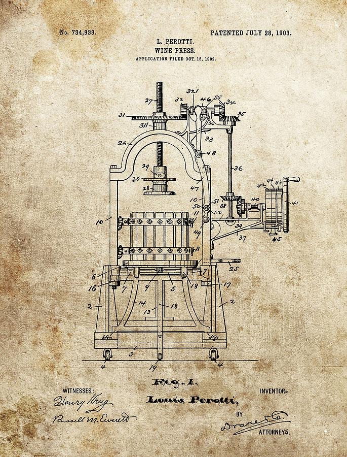 1903 Wine Press Patent Drawing by Dan Sproul