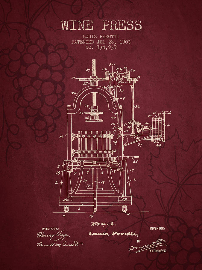 1903 Wine Press Patent - Red Wine Digital Art