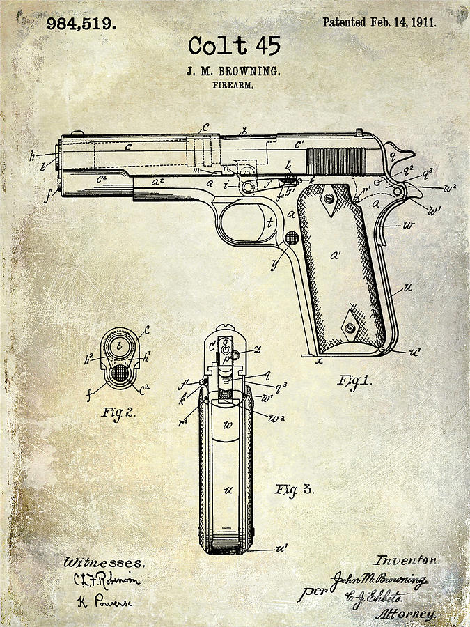 1911 Colt 45 Firearm Patent Photograph by Jon Neidert